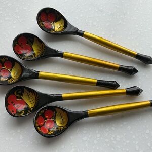 Russian Wooden Khokhloma Hand Painted Wild Strawberries Spoons Set of 5
